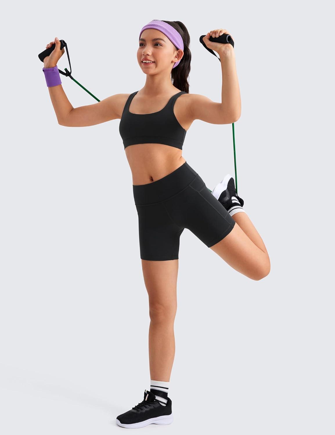 imageCRZ YOGA Girls Butterluxe U Back Sports Bra Yoga Athletic Casual Tops Scoop Neck Padded Crop Kids TeenBlack