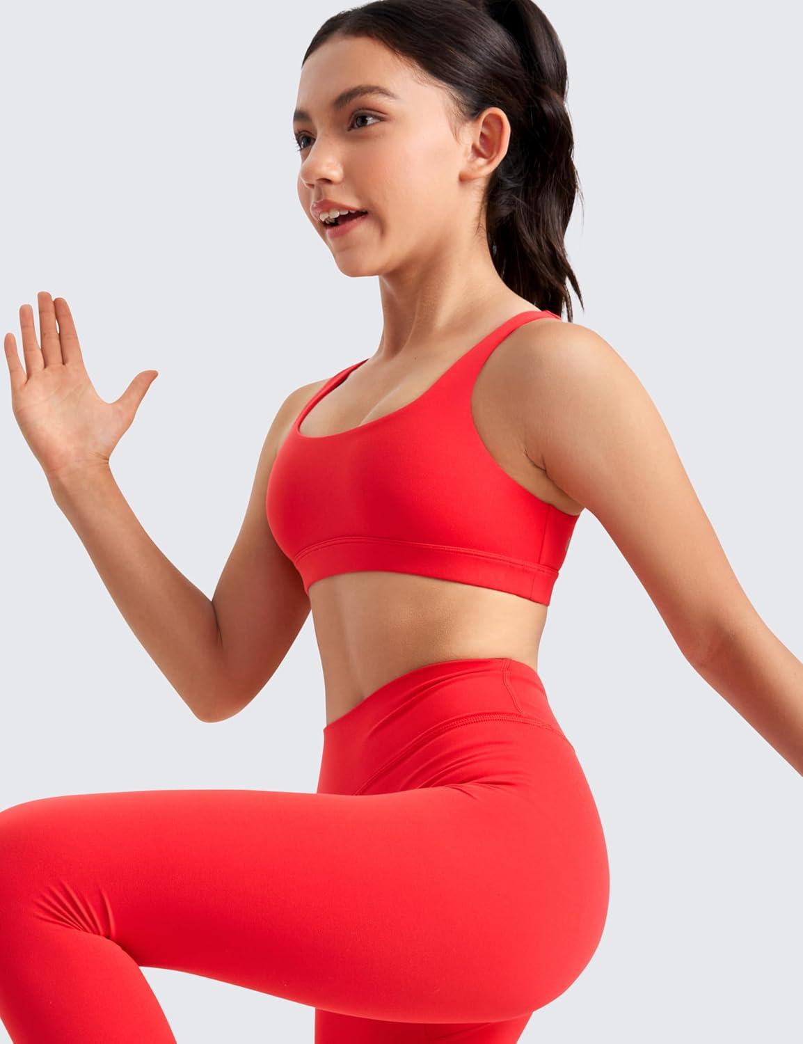 imageCRZ YOGA Girls Butterluxe U Back Sports Bra Yoga Athletic Casual Tops Scoop Neck Padded Crop Kids TeenDeep Red