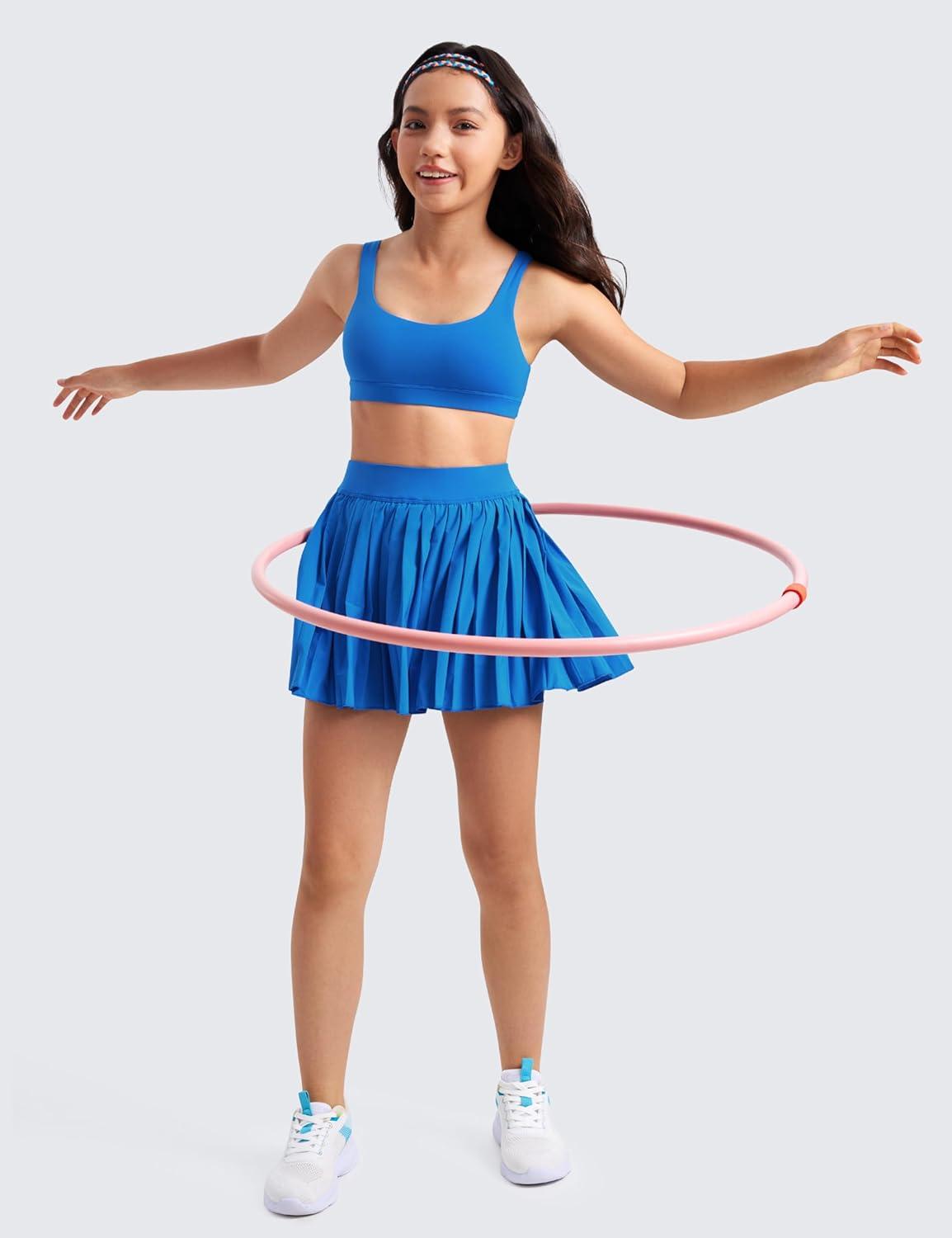 imageCRZ YOGA Girls Butterluxe U Back Sports Bra Yoga Athletic Casual Tops Scoop Neck Padded Crop Kids TeenSparkle Blue