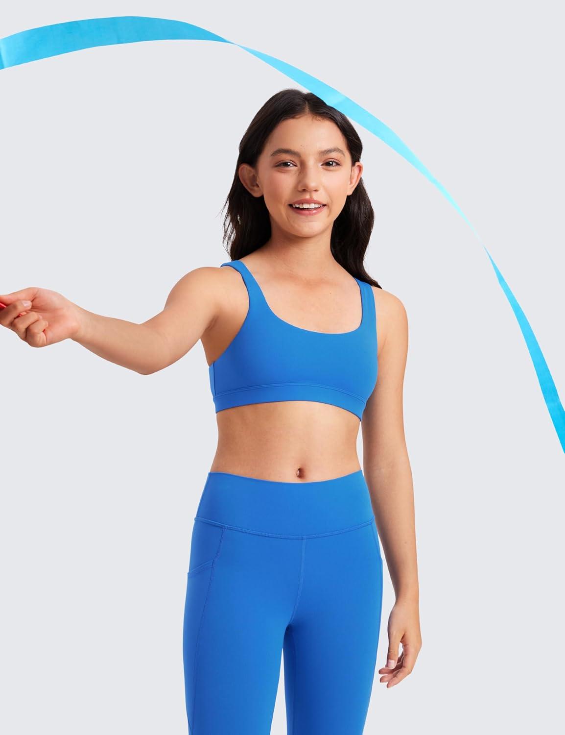 imageCRZ YOGA Girls Butterluxe U Back Sports Bra Yoga Athletic Casual Tops Scoop Neck Padded Crop Kids TeenSparkle Blue