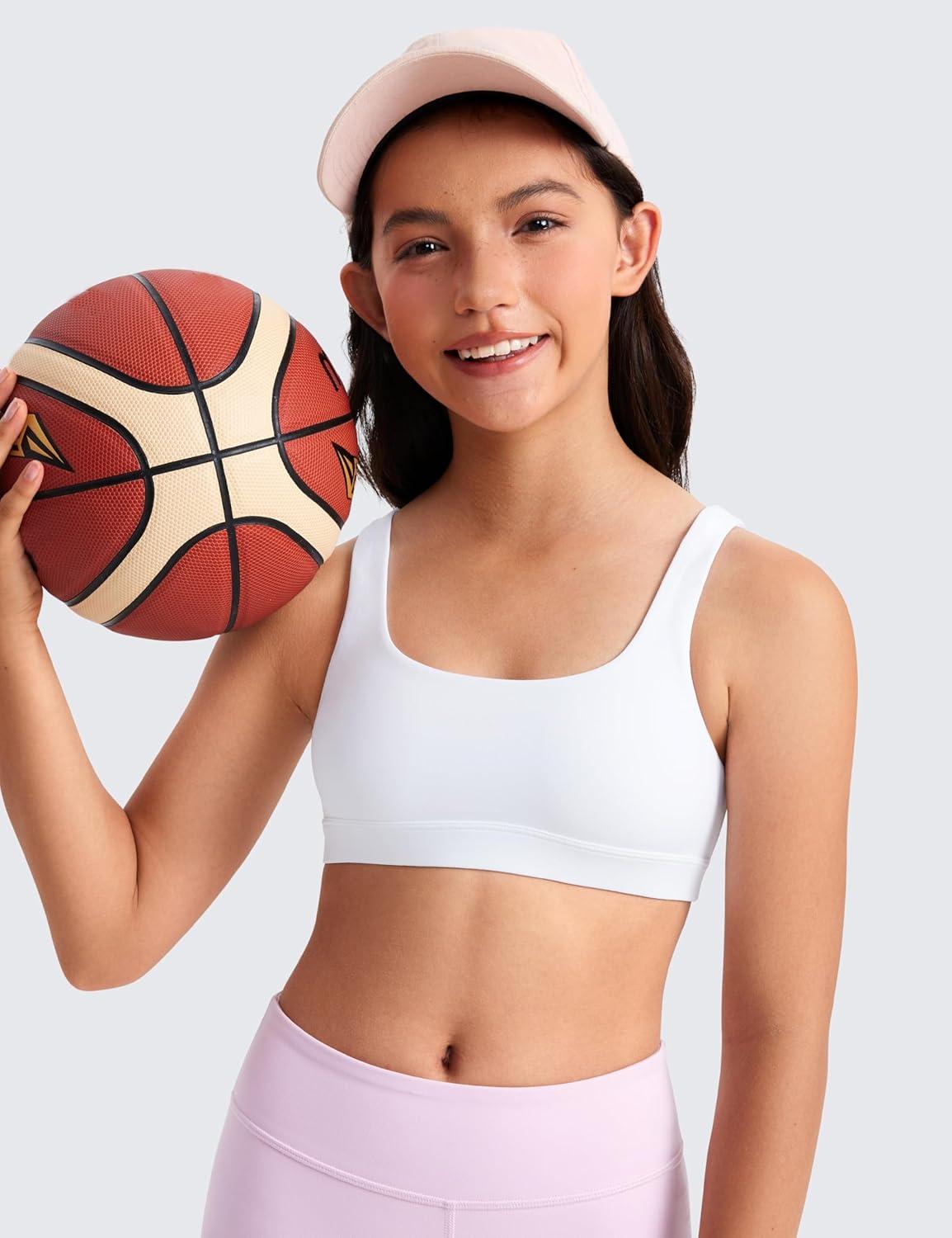 imageCRZ YOGA Girls Butterluxe U Back Sports Bra Yoga Athletic Casual Tops Scoop Neck Padded Crop Kids TeenWhite