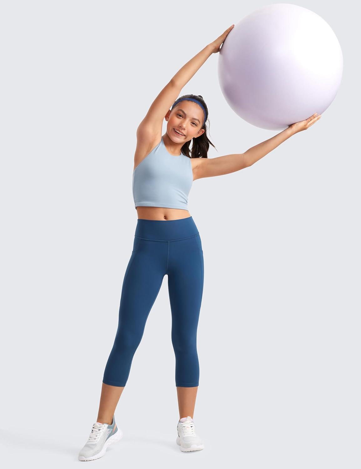 imageCRZ YOGA Girls Butterluxe Yoga Capri Leggings with Pockets Athletic Sports Casual Pants High Waist Tights Kids TeenFrench Navy