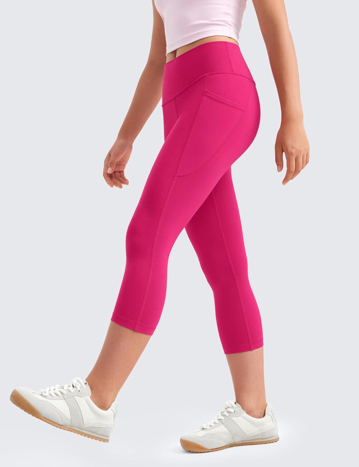 imageCRZ YOGA Girls Butterluxe Yoga Capri Leggings with Pockets Athletic Sports Casual Pants High Waist Tights Kids TeenGranita Pink