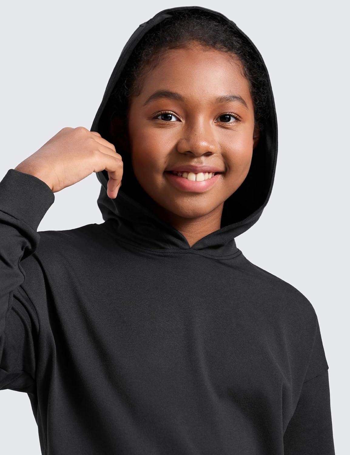 imageCRZ YOGA Girls Cloud Jersey Long Sleeve Casual Hoodie Lounge Pullover Sweatshirts Hooded Relaxed Waist Length Kids TeenBlack