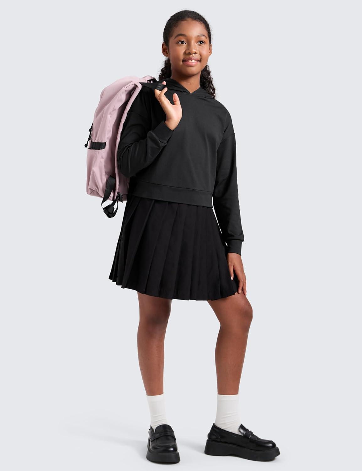 imageCRZ YOGA Girls Cloud Jersey Long Sleeve Casual Hoodie Lounge Pullover Sweatshirts Hooded Relaxed Waist Length Kids TeenBlack