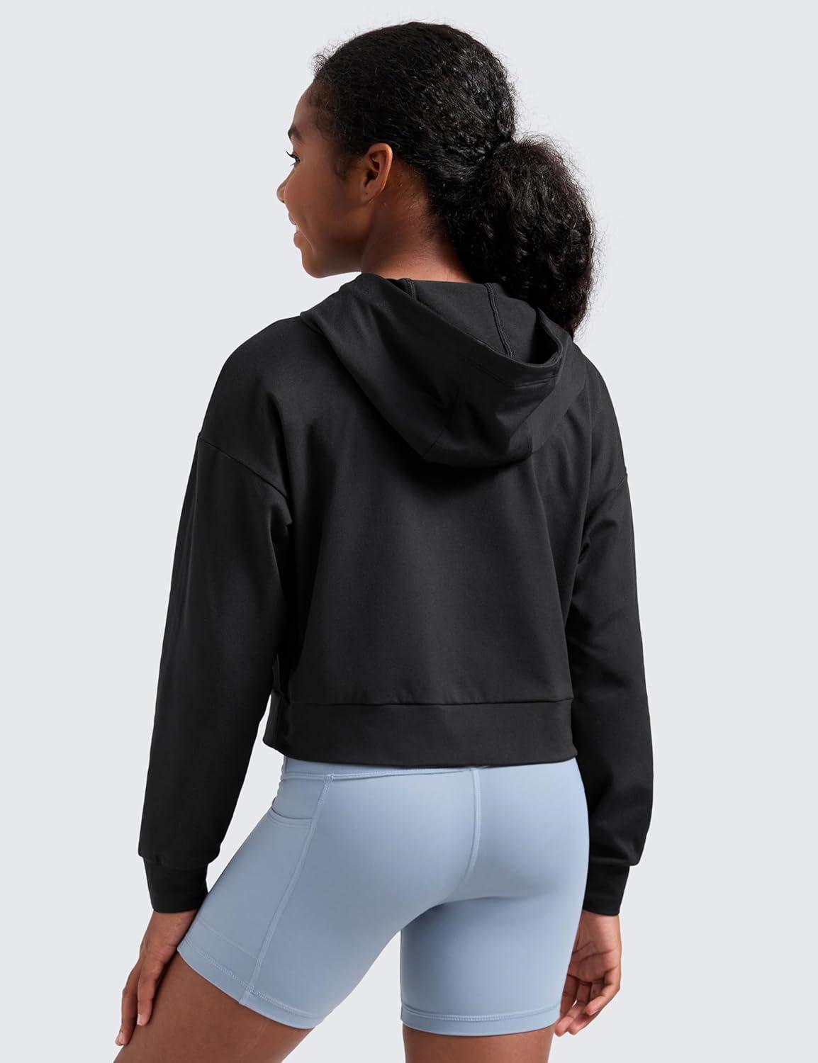 imageCRZ YOGA Girls Cloud Jersey Long Sleeve Casual Hoodie Lounge Pullover Sweatshirts Hooded Relaxed Waist Length Kids TeenBlack