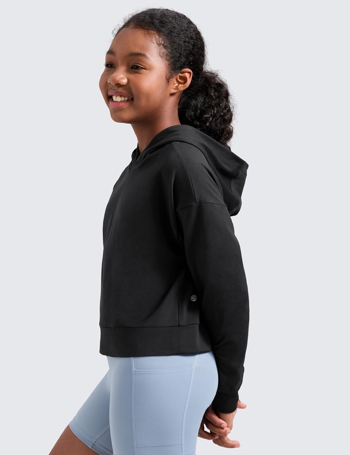 imageCRZ YOGA Girls Cloud Jersey Long Sleeve Casual Hoodie Lounge Pullover Sweatshirts Hooded Relaxed Waist Length Kids TeenBlack