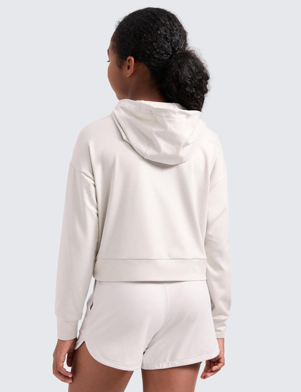 imageCRZ YOGA Girls Cloud Jersey Long Sleeve Casual Hoodie Lounge Pullover Sweatshirts Hooded Relaxed Waist Length Kids TeenMilky White