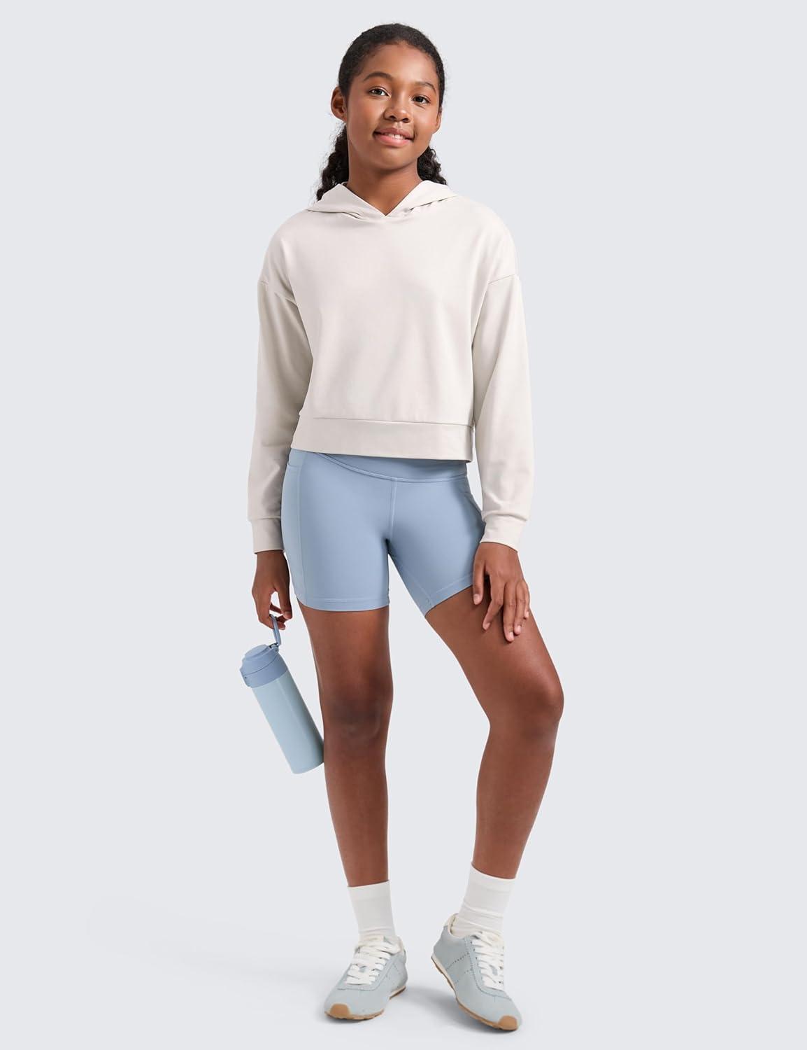 imageCRZ YOGA Girls Cloud Jersey Long Sleeve Casual Hoodie Lounge Pullover Sweatshirts Hooded Relaxed Waist Length Kids TeenMilky White