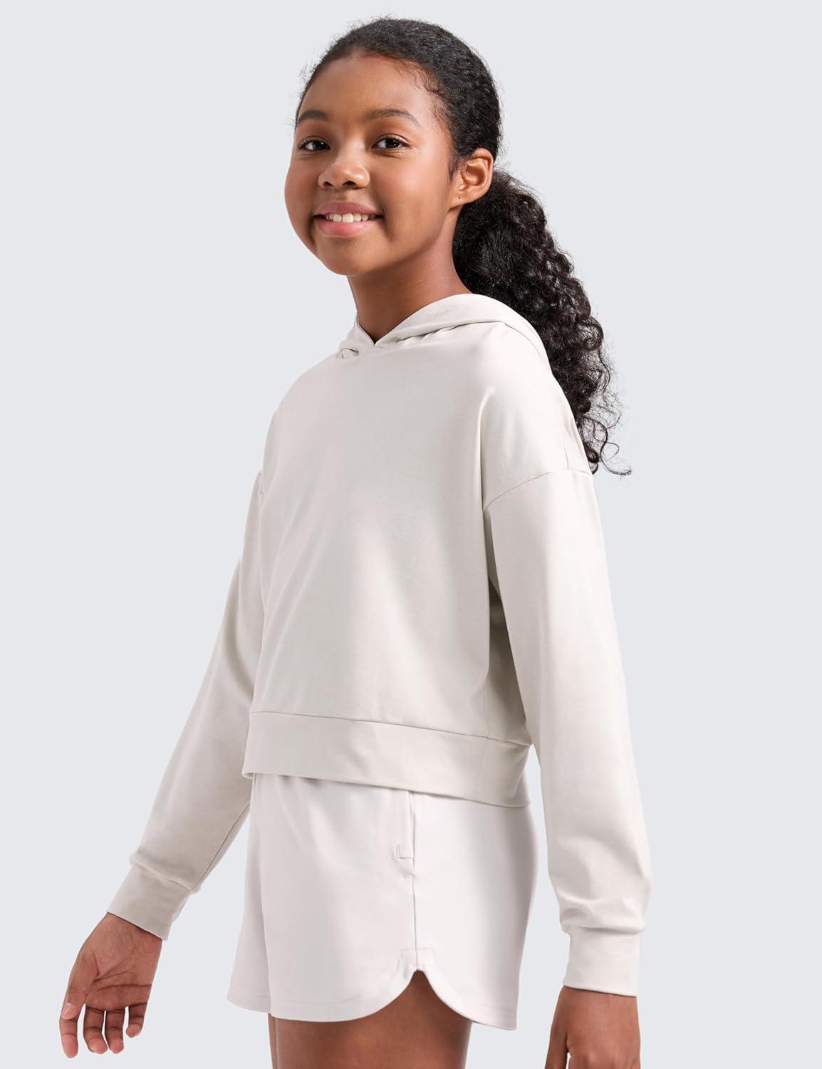 imageCRZ YOGA Girls Cloud Jersey Long Sleeve Casual Hoodie Lounge Pullover Sweatshirts Hooded Relaxed Waist Length Kids TeenMilky White