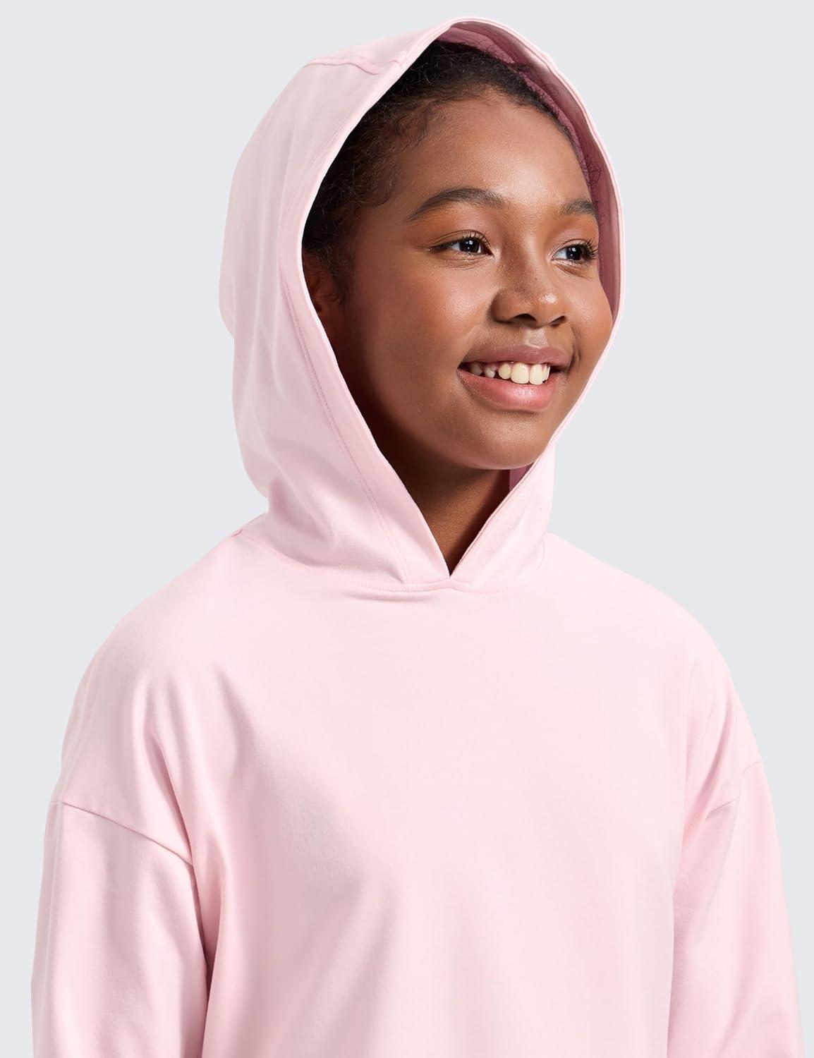 imageCRZ YOGA Girls Cloud Jersey Long Sleeve Casual Hoodie Lounge Pullover Sweatshirts Hooded Relaxed Waist Length Kids TeenStrawberry Pink