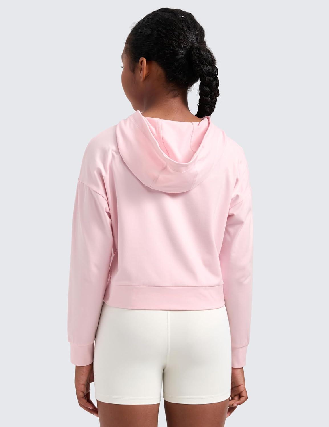 imageCRZ YOGA Girls Cloud Jersey Long Sleeve Casual Hoodie Lounge Pullover Sweatshirts Hooded Relaxed Waist Length Kids TeenStrawberry Pink