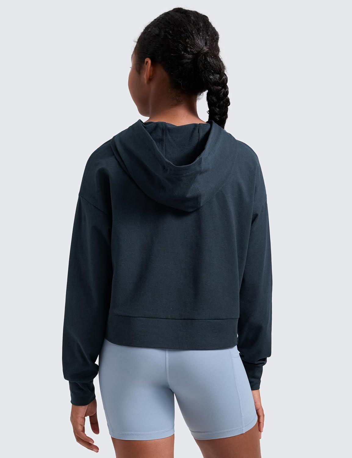 imageCRZ YOGA Girls Cloud Jersey Long Sleeve Casual Hoodie Lounge Pullover Sweatshirts Hooded Relaxed Waist Length Kids TeenTrue Navy