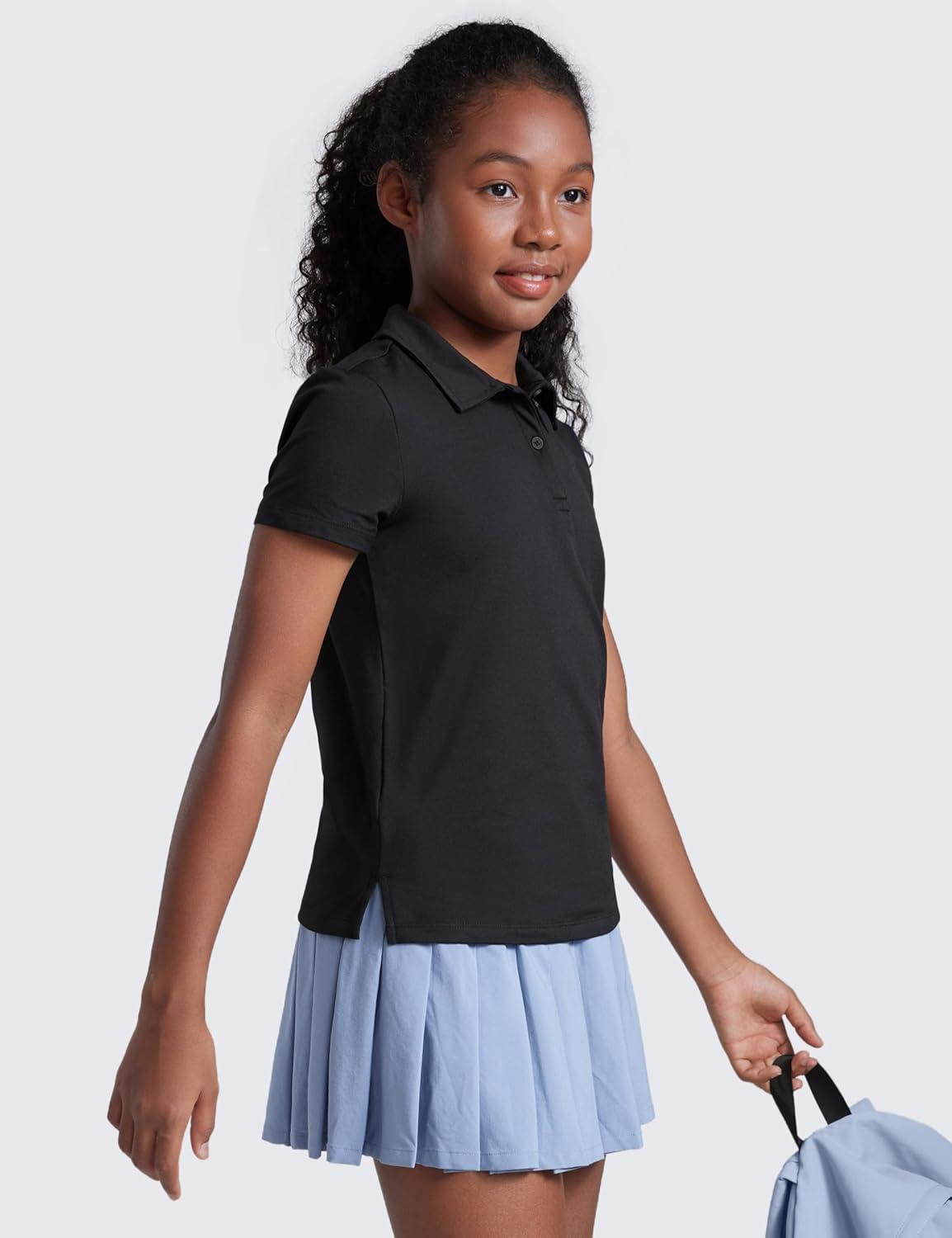 imageCRZ YOGA Girls Cloud Jersey Short Sleeve Casual Polo Shirts School Uniform Tennis Golf Hip Length Side Splits Kids TeenBlack