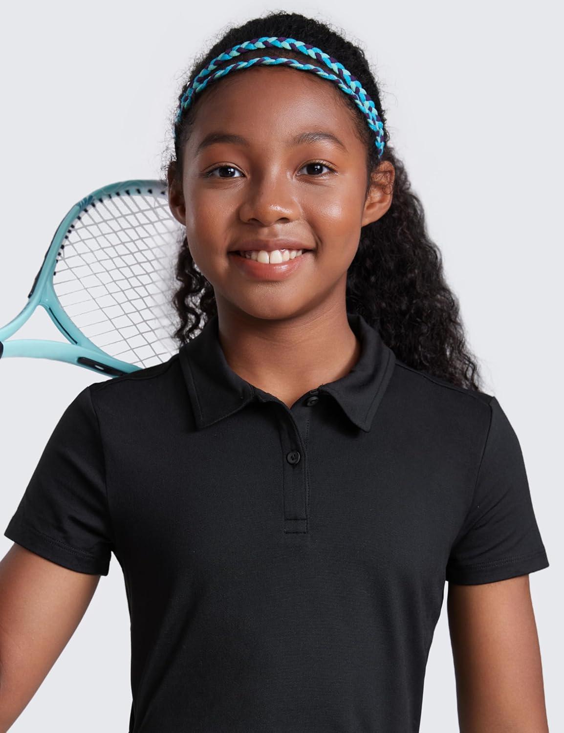 imageCRZ YOGA Girls Cloud Jersey Short Sleeve Casual Polo Shirts School Uniform Tennis Golf Hip Length Side Splits Kids TeenBlack