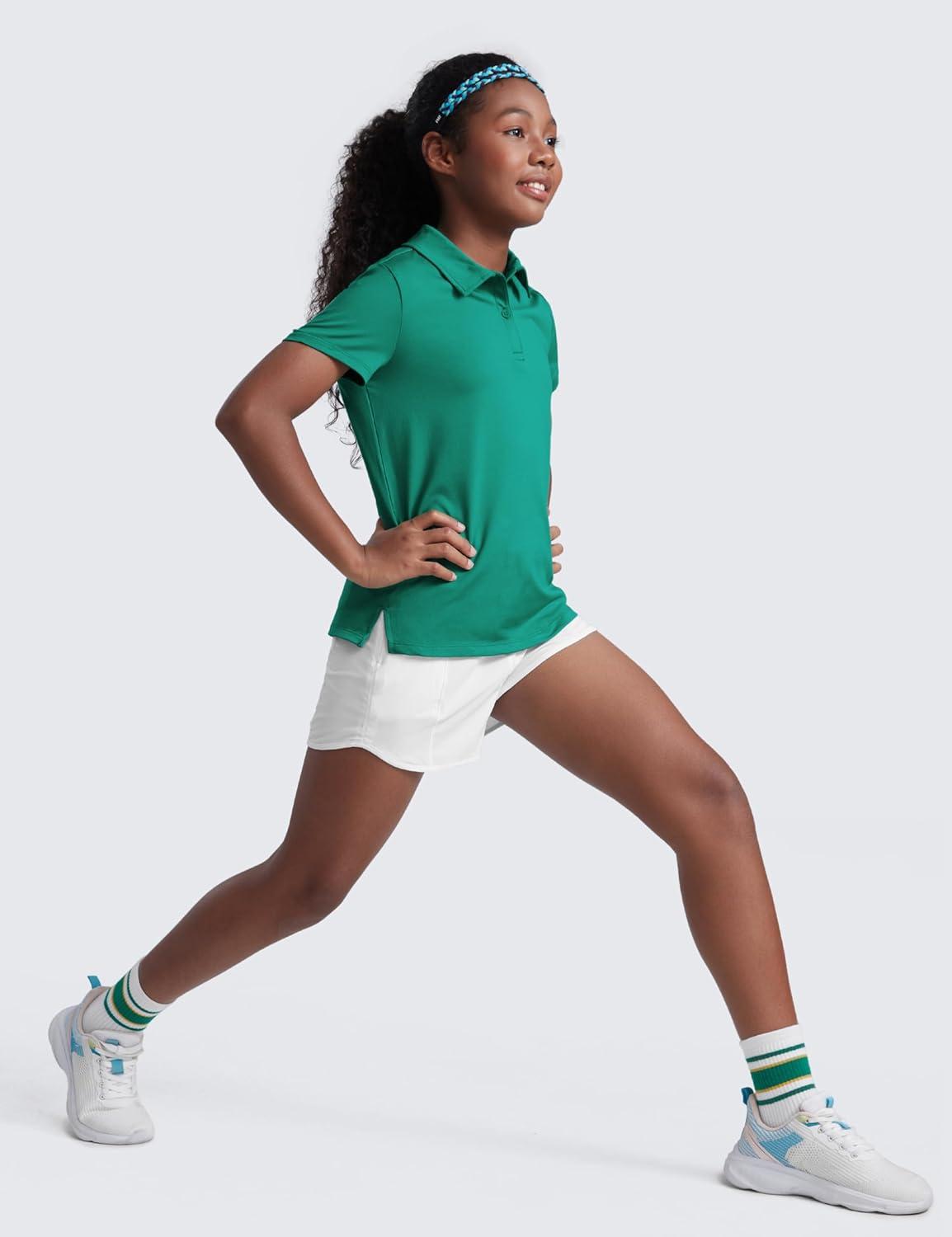 imageCRZ YOGA Girls Cloud Jersey Short Sleeve Casual Polo Shirts School Uniform Tennis Golf Hip Length Side Splits Kids TeenCascadia Green
