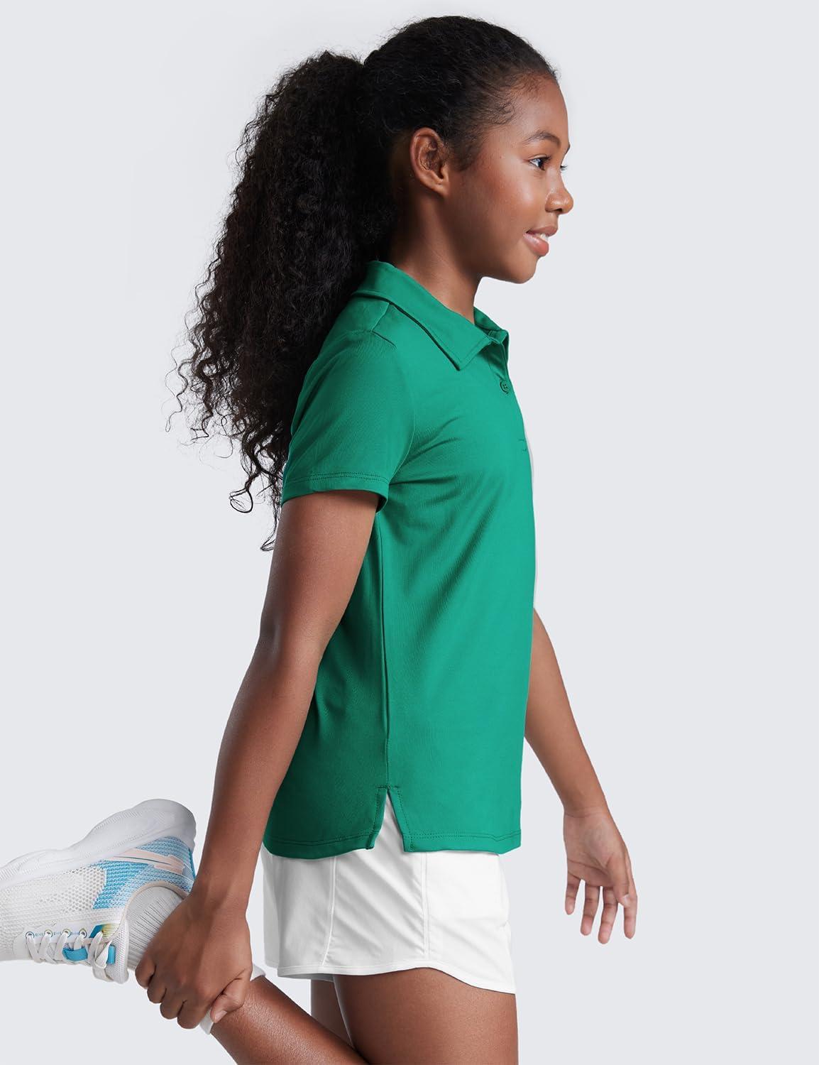 imageCRZ YOGA Girls Cloud Jersey Short Sleeve Casual Polo Shirts School Uniform Tennis Golf Hip Length Side Splits Kids TeenCascadia Green