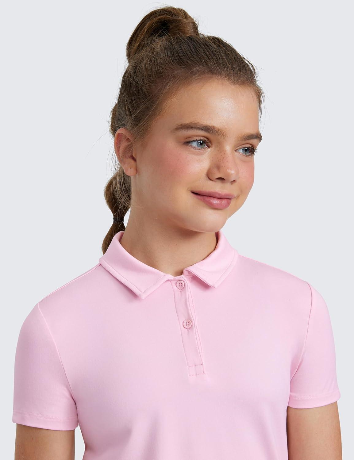 imageCRZ YOGA Girls Cloud Jersey Short Sleeve Casual Polo Shirts School Uniform Tennis Golf Hip Length Side Splits Kids TeenStrawberry Pink