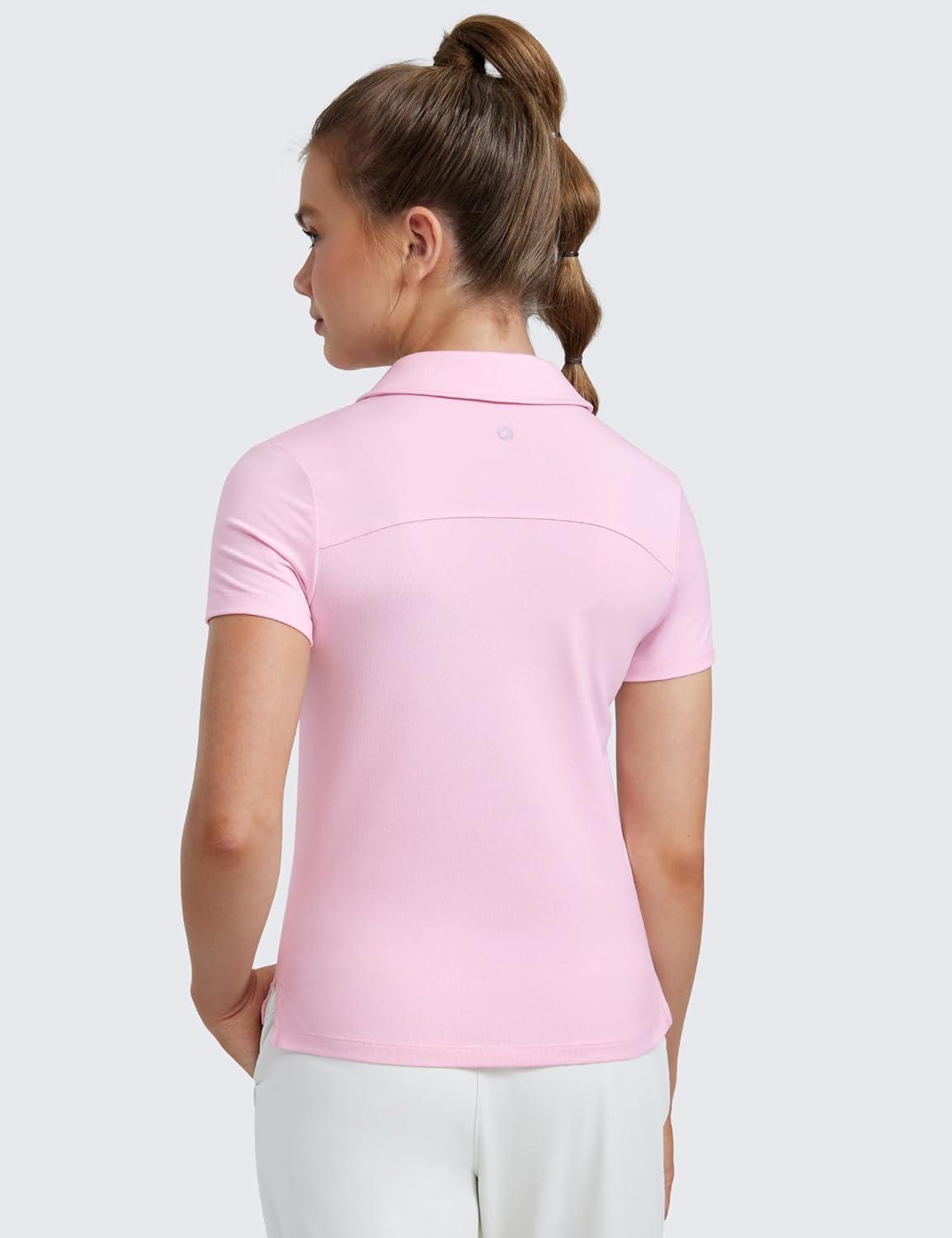 imageCRZ YOGA Girls Cloud Jersey Short Sleeve Casual Polo Shirts School Uniform Tennis Golf Hip Length Side Splits Kids TeenStrawberry Pink