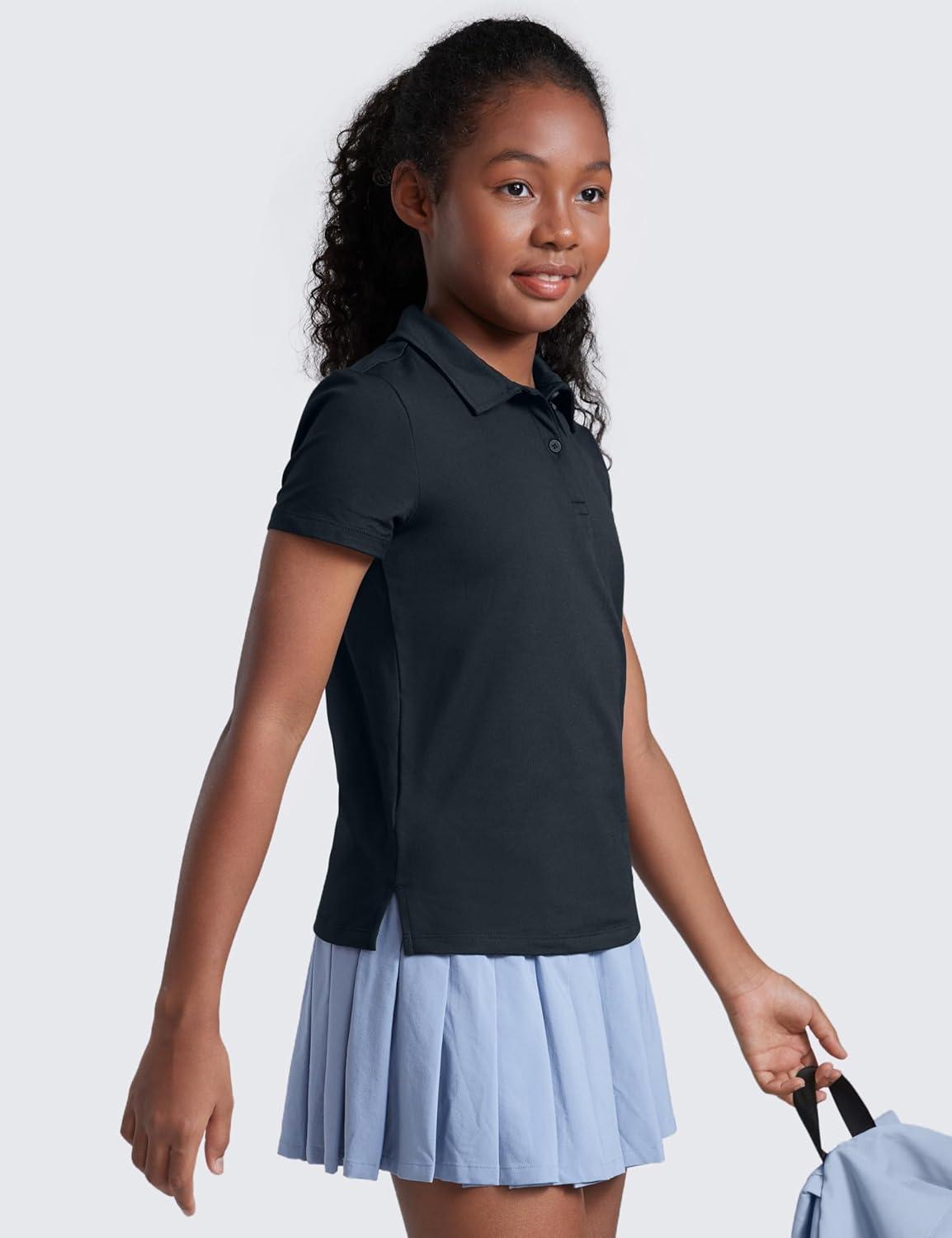 imageCRZ YOGA Girls Cloud Jersey Short Sleeve Casual Polo Shirts School Uniform Tennis Golf Hip Length Side Splits Kids TeenTrue Navy