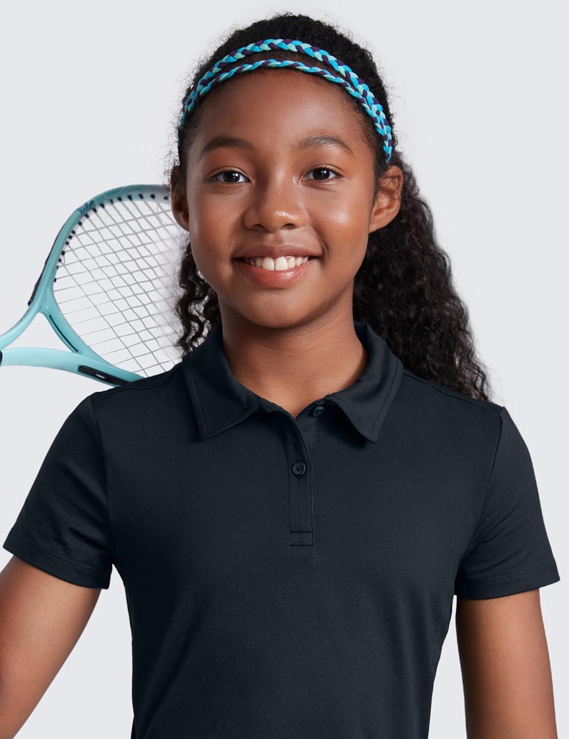 imageCRZ YOGA Girls Cloud Jersey Short Sleeve Casual Polo Shirts School Uniform Tennis Golf Hip Length Side Splits Kids TeenTrue Navy