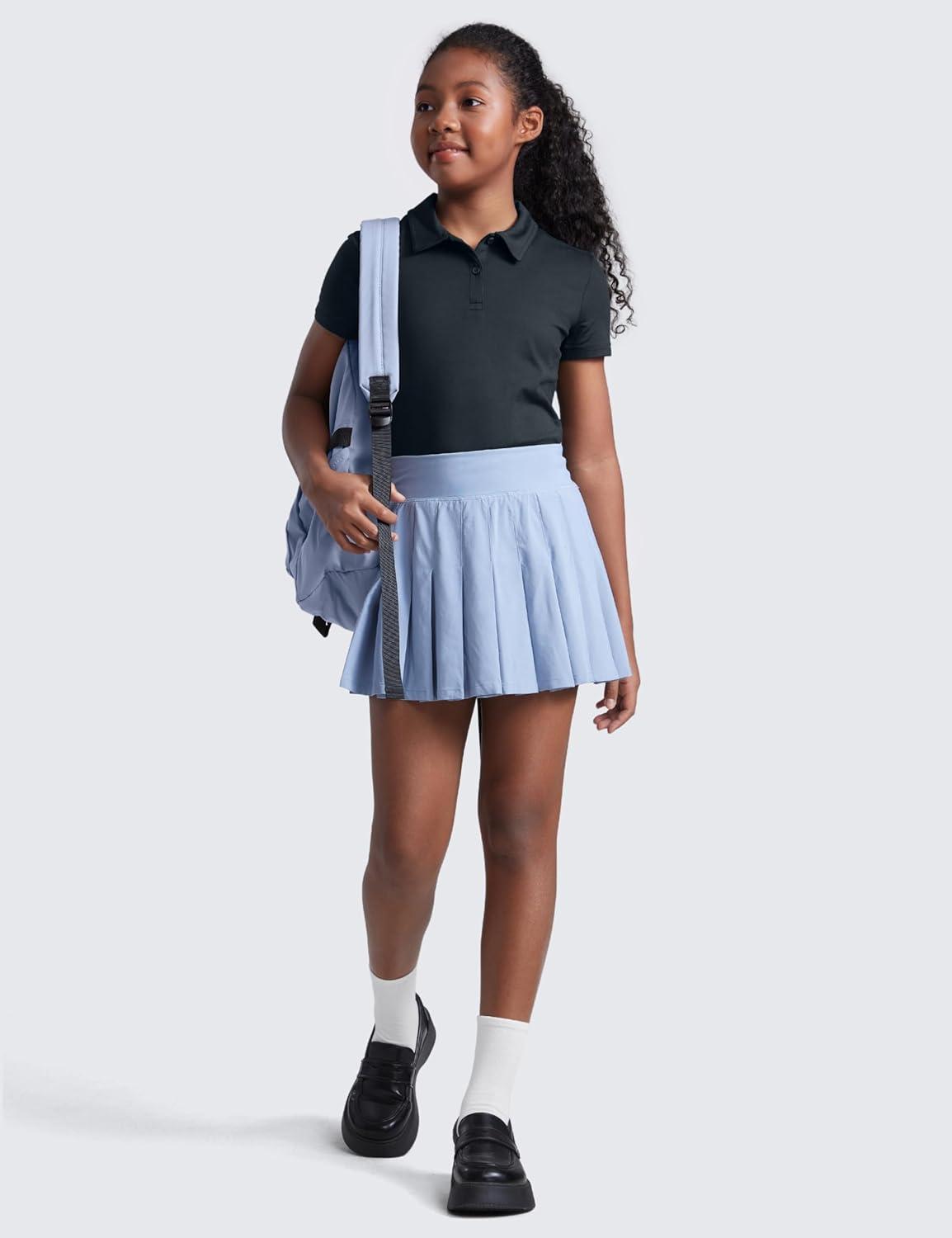 imageCRZ YOGA Girls Cloud Jersey Short Sleeve Casual Polo Shirts School Uniform Tennis Golf Hip Length Side Splits Kids TeenTrue Navy