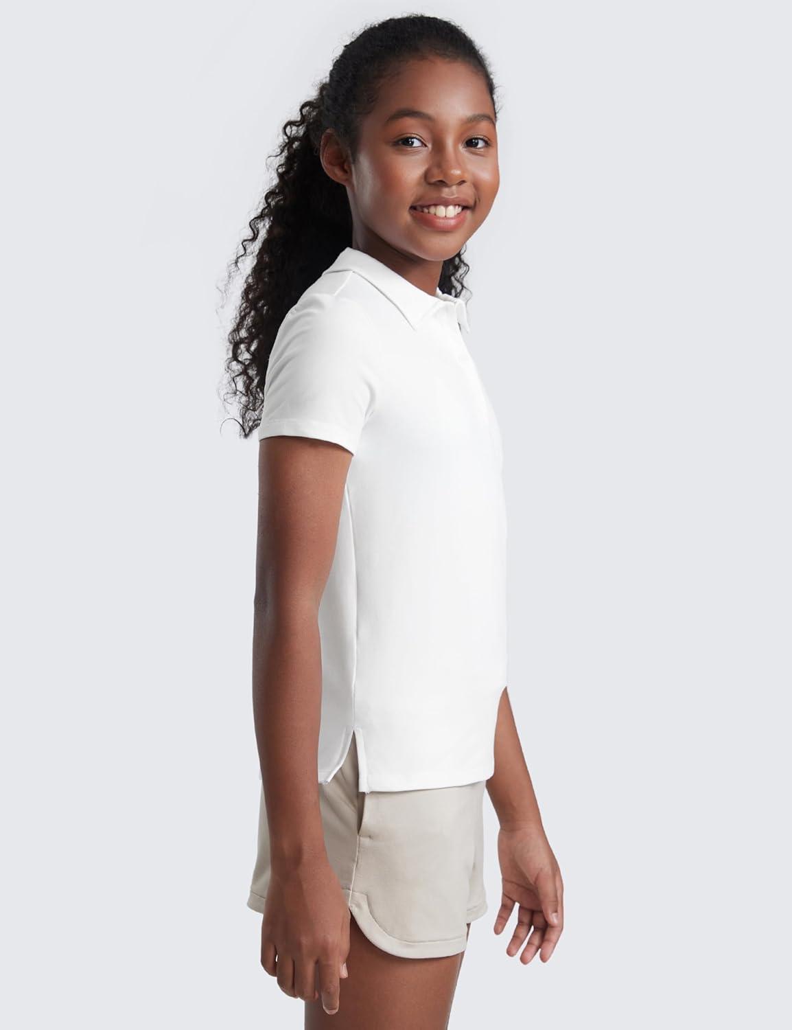 imageCRZ YOGA Girls Cloud Jersey Short Sleeve Casual Polo Shirts School Uniform Tennis Golf Hip Length Side Splits Kids TeenWhite