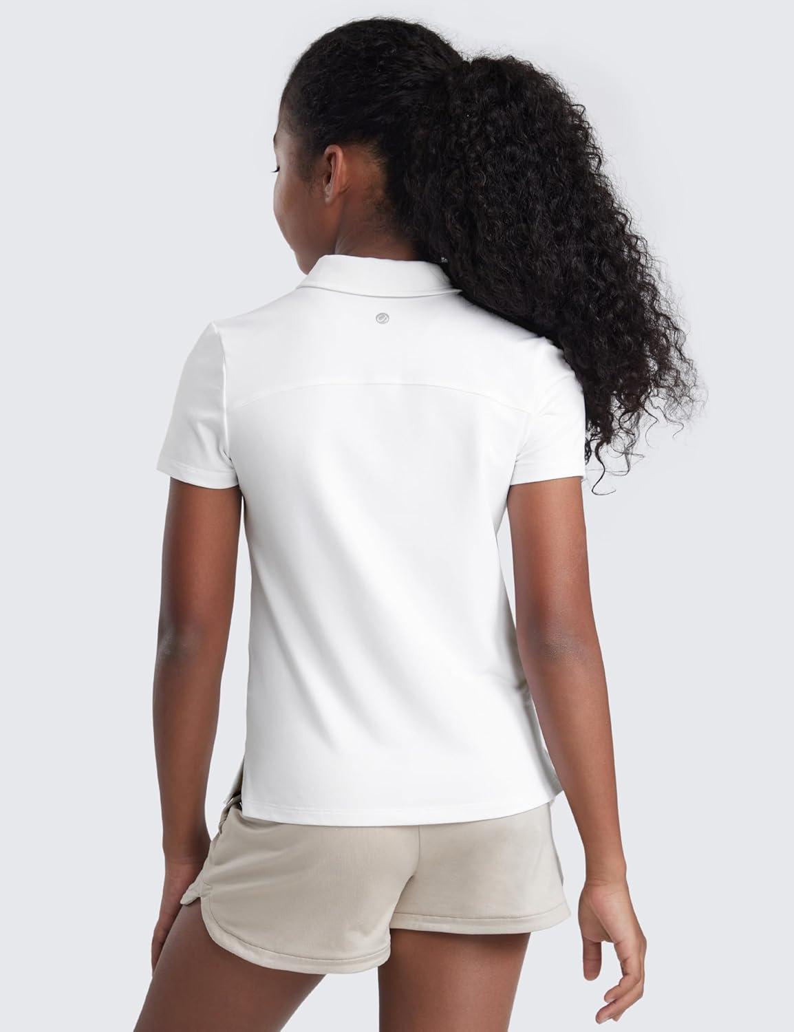imageCRZ YOGA Girls Cloud Jersey Short Sleeve Casual Polo Shirts School Uniform Tennis Golf Hip Length Side Splits Kids TeenWhite