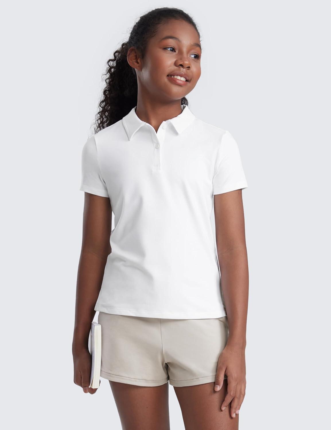 imageCRZ YOGA Girls Cloud Jersey Short Sleeve Casual Polo Shirts School Uniform Tennis Golf Hip Length Side Splits Kids TeenWhite