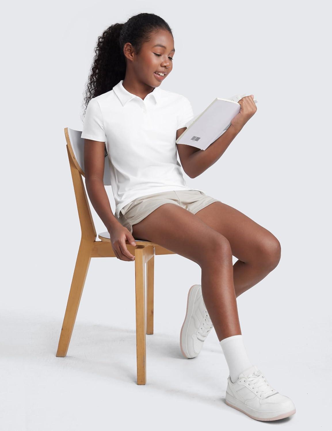 imageCRZ YOGA Girls Cloud Jersey Short Sleeve Casual Polo Shirts School Uniform Tennis Golf Hip Length Side Splits Kids TeenWhite