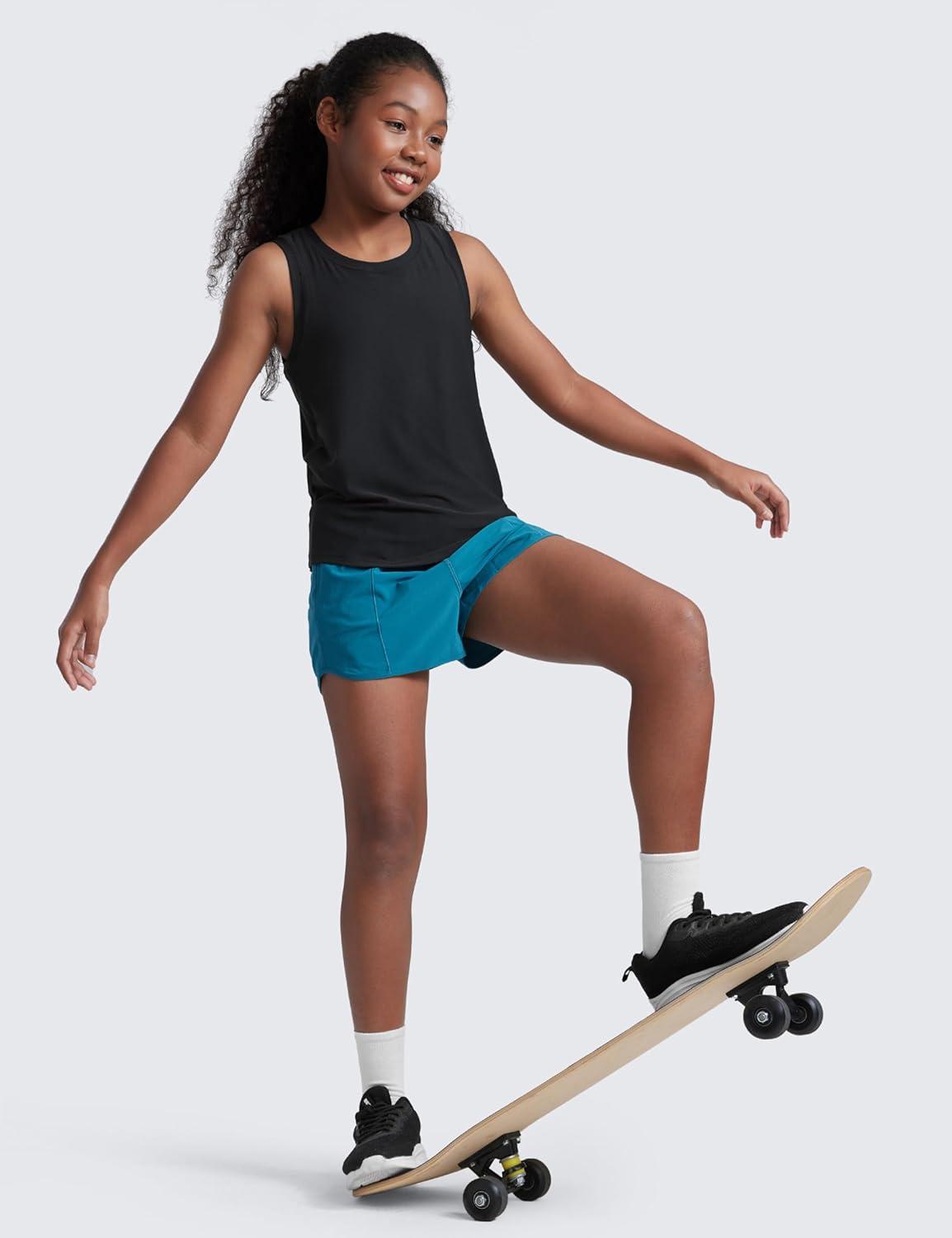 imageCRZ YOGA Girls Cloudweight Athletic Tank Tops Hip Length Active Dance Casual Crew Neck Sleeveless Kids TeenBlack