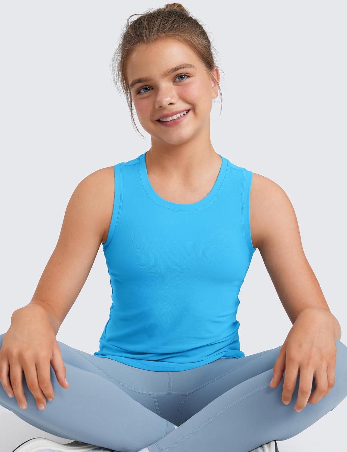 imageCRZ YOGA Girls Cloudweight Athletic Tank Tops Hip Length Active Dance Casual Crew Neck Sleeveless Kids TeenKayak Blue