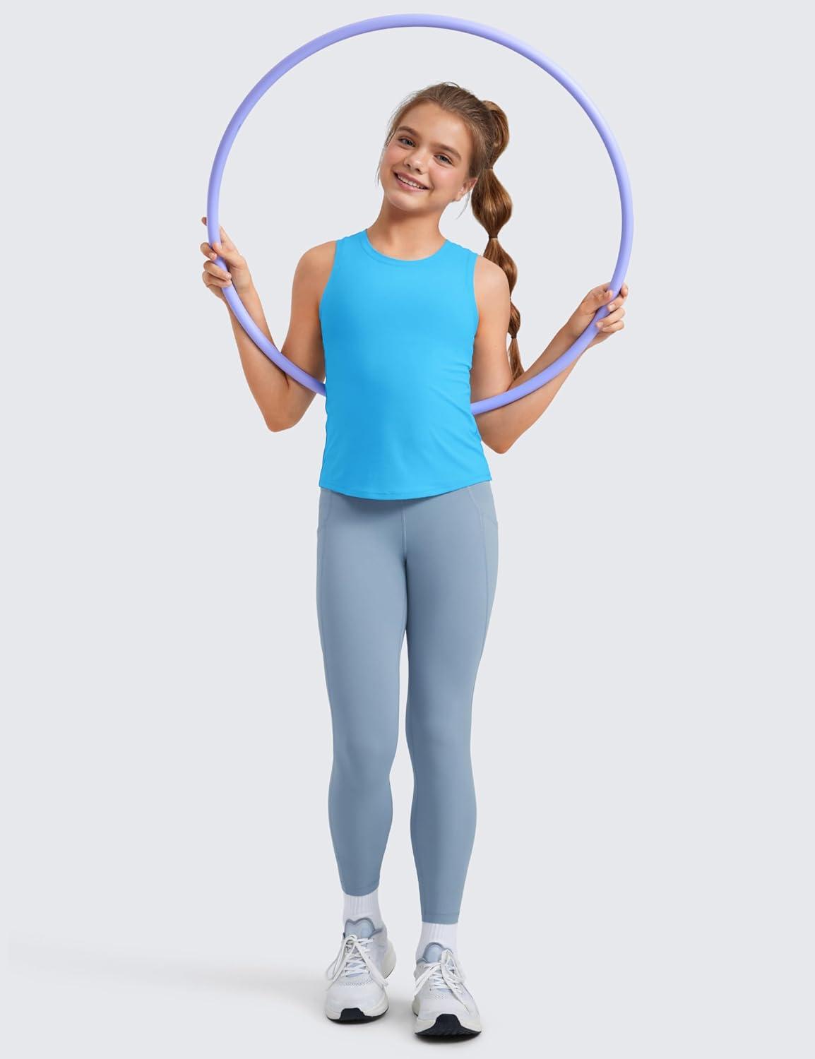 imageCRZ YOGA Girls Cloudweight Athletic Tank Tops Hip Length Active Dance Casual Crew Neck Sleeveless Kids TeenKayak Blue