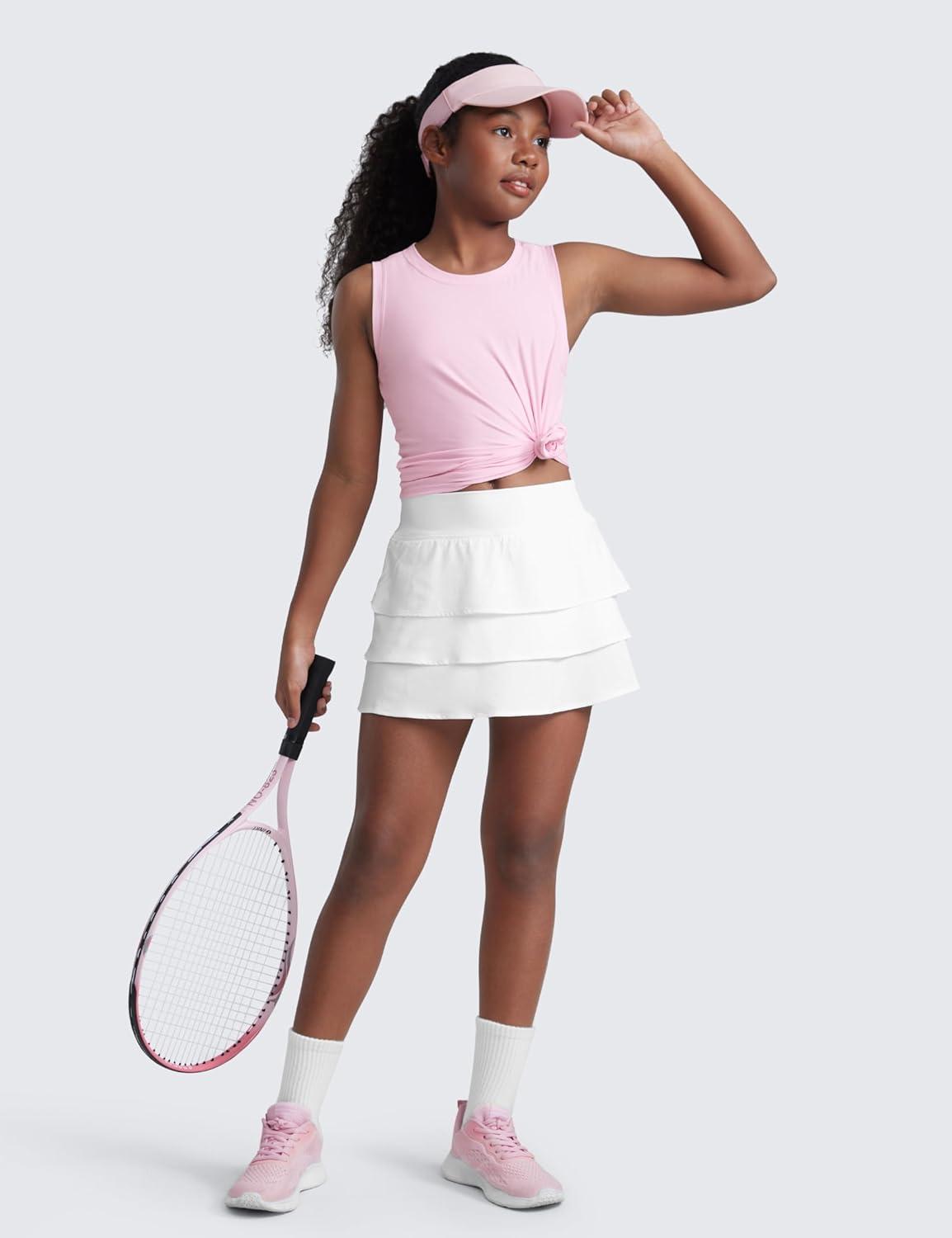 imageCRZ YOGA Girls Cloudweight Athletic Tank Tops Hip Length Active Dance Casual Crew Neck Sleeveless Kids TeenPink Peony