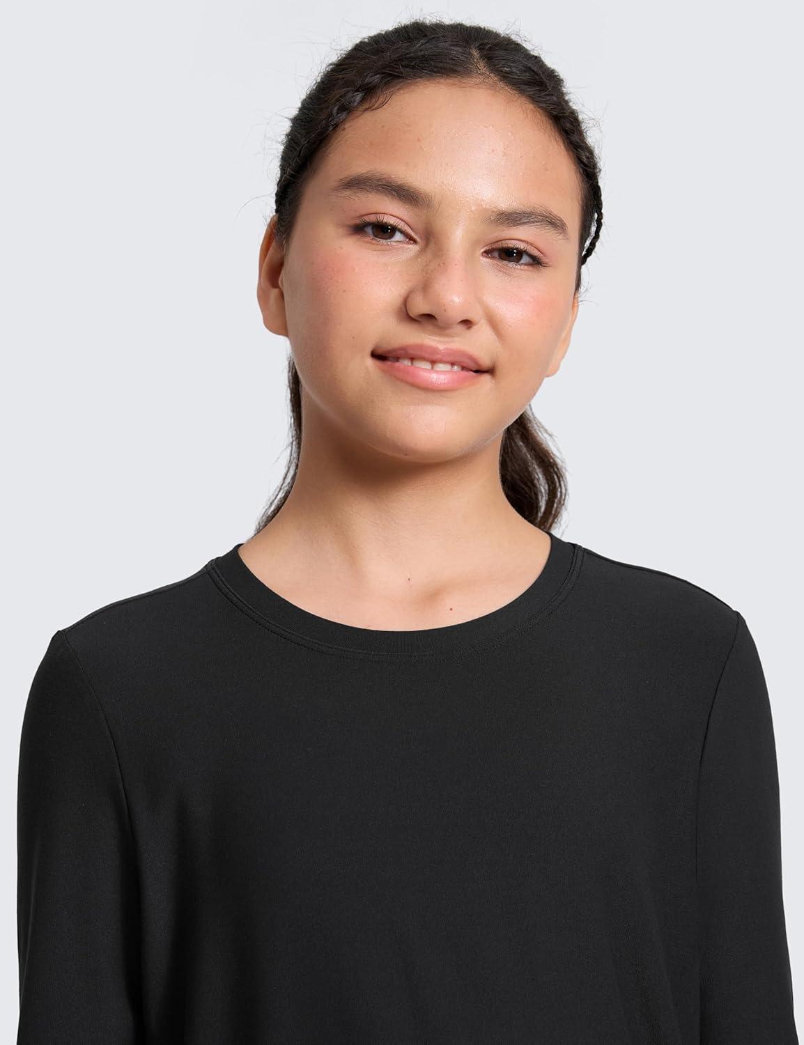 imageCRZ YOGA Girls Cloudweight Long Sleeve Athletic Shirts Active Sports Casual Tees Crew Neck Side Slit Winter Kids TeenBlack