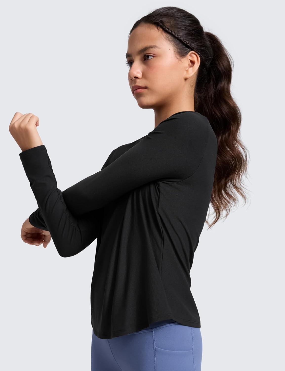 imageCRZ YOGA Girls Cloudweight Long Sleeve Athletic Shirts Active Sports Casual Tees Crew Neck Side Slit Winter Kids TeenBlack