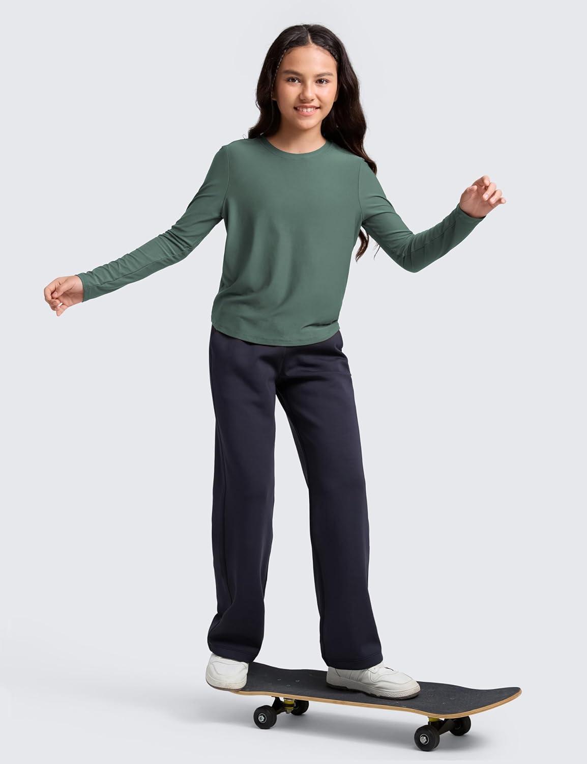 imageCRZ YOGA Girls Cloudweight Long Sleeve Athletic Shirts Active Sports Casual Tees Crew Neck Side Slit Winter Kids TeenGraphite Green