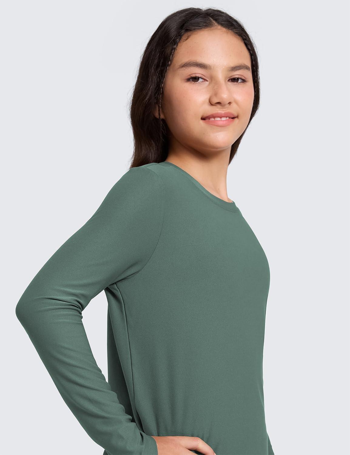 imageCRZ YOGA Girls Cloudweight Long Sleeve Athletic Shirts Active Sports Casual Tees Crew Neck Side Slit Winter Kids TeenGraphite Green