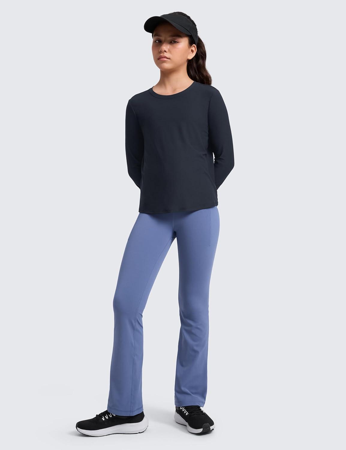 imageCRZ YOGA Girls Cloudweight Long Sleeve Athletic Shirts Active Sports Casual Tees Crew Neck Side Slit Winter Kids TeenTrue Navy