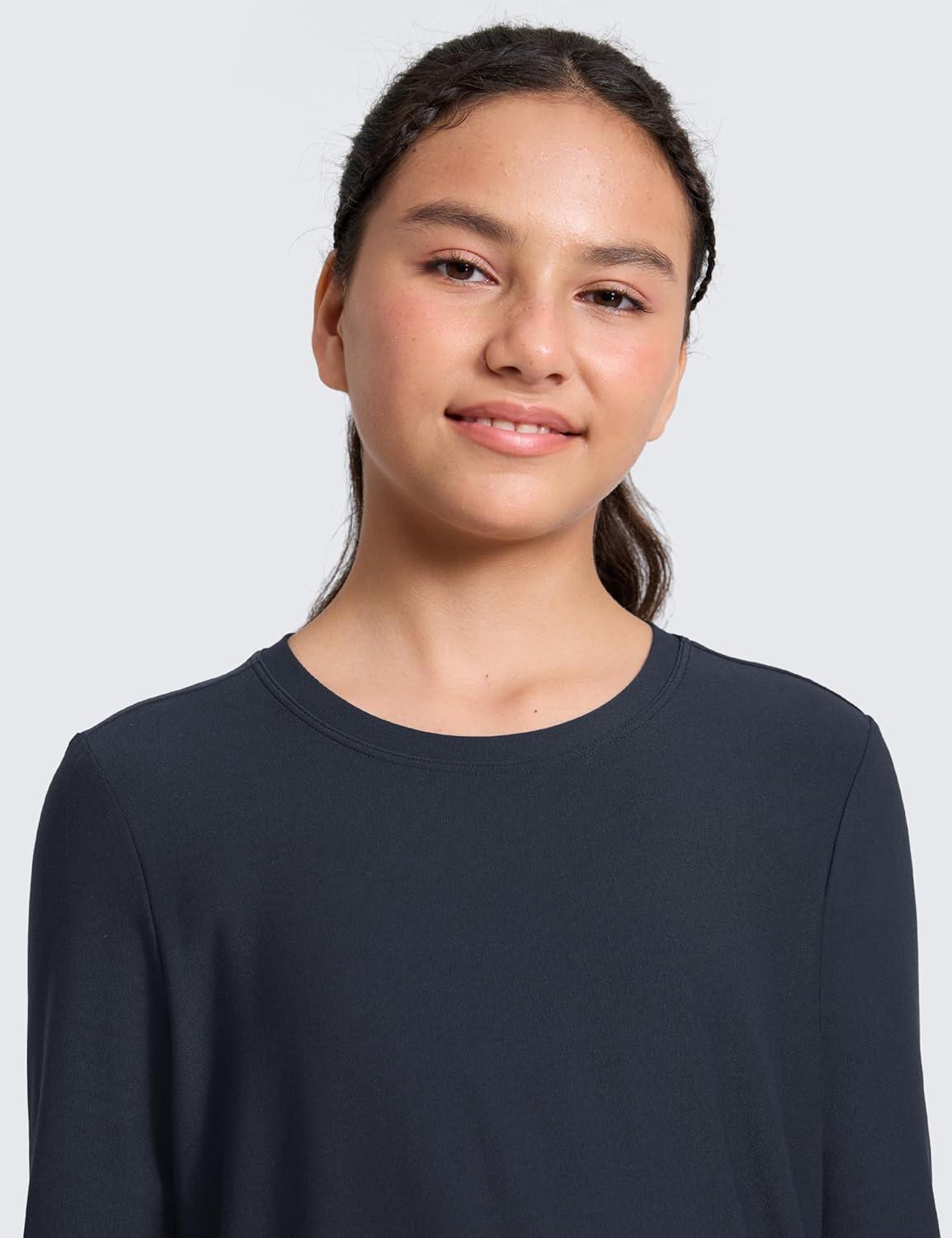 imageCRZ YOGA Girls Cloudweight Long Sleeve Athletic Shirts Active Sports Casual Tees Crew Neck Side Slit Winter Kids TeenTrue Navy