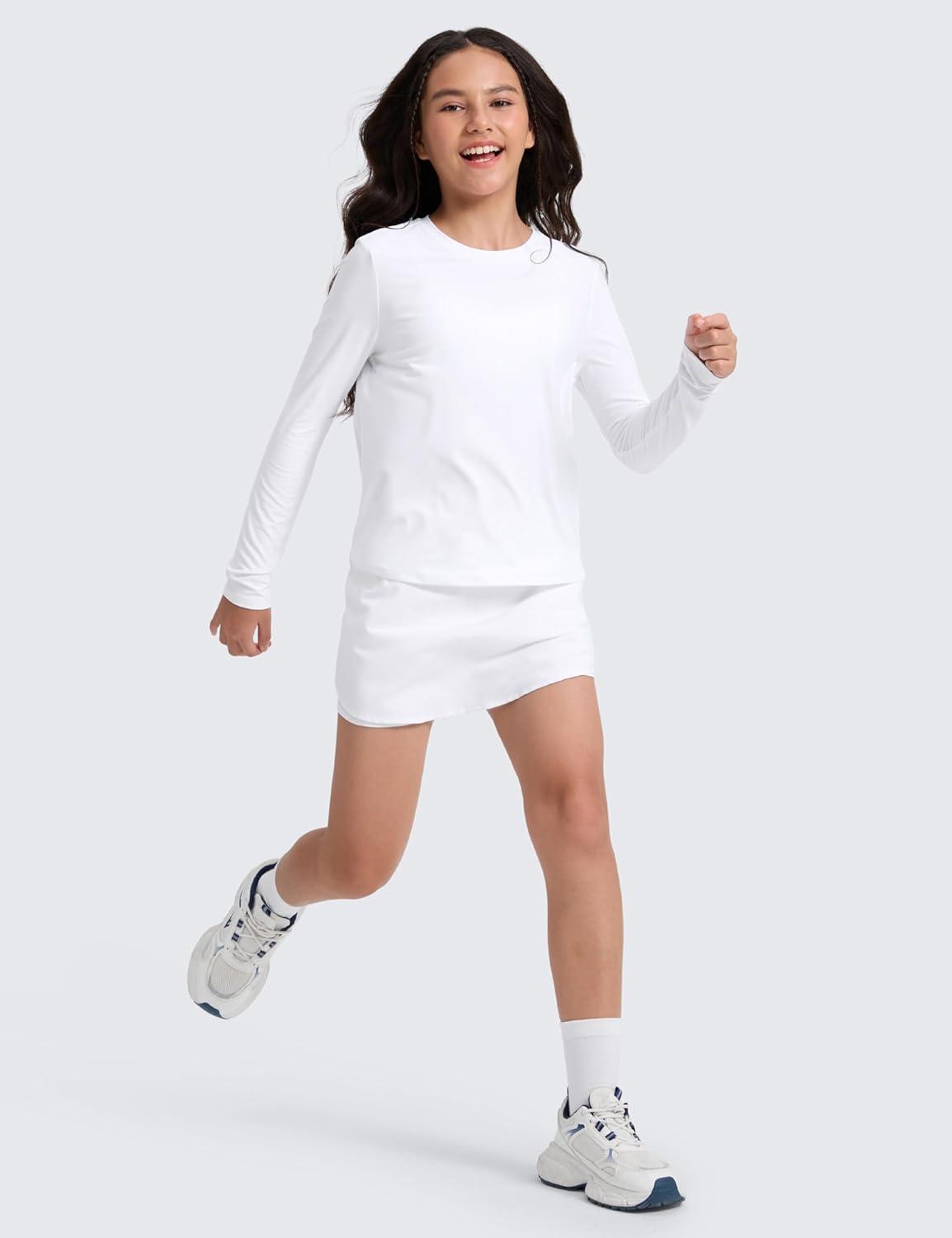 imageCRZ YOGA Girls Cloudweight Long Sleeve Athletic Shirts Active Sports Casual Tees Crew Neck Side Slit Winter Kids TeenWhite