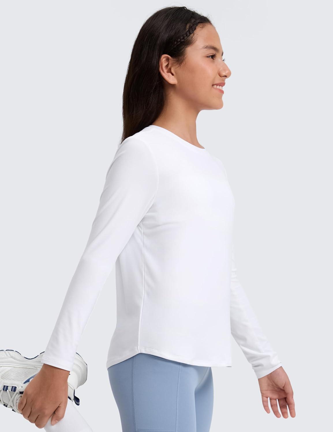 imageCRZ YOGA Girls Cloudweight Long Sleeve Athletic Shirts Active Sports Casual Tees Crew Neck Side Slit Winter Kids TeenWhite