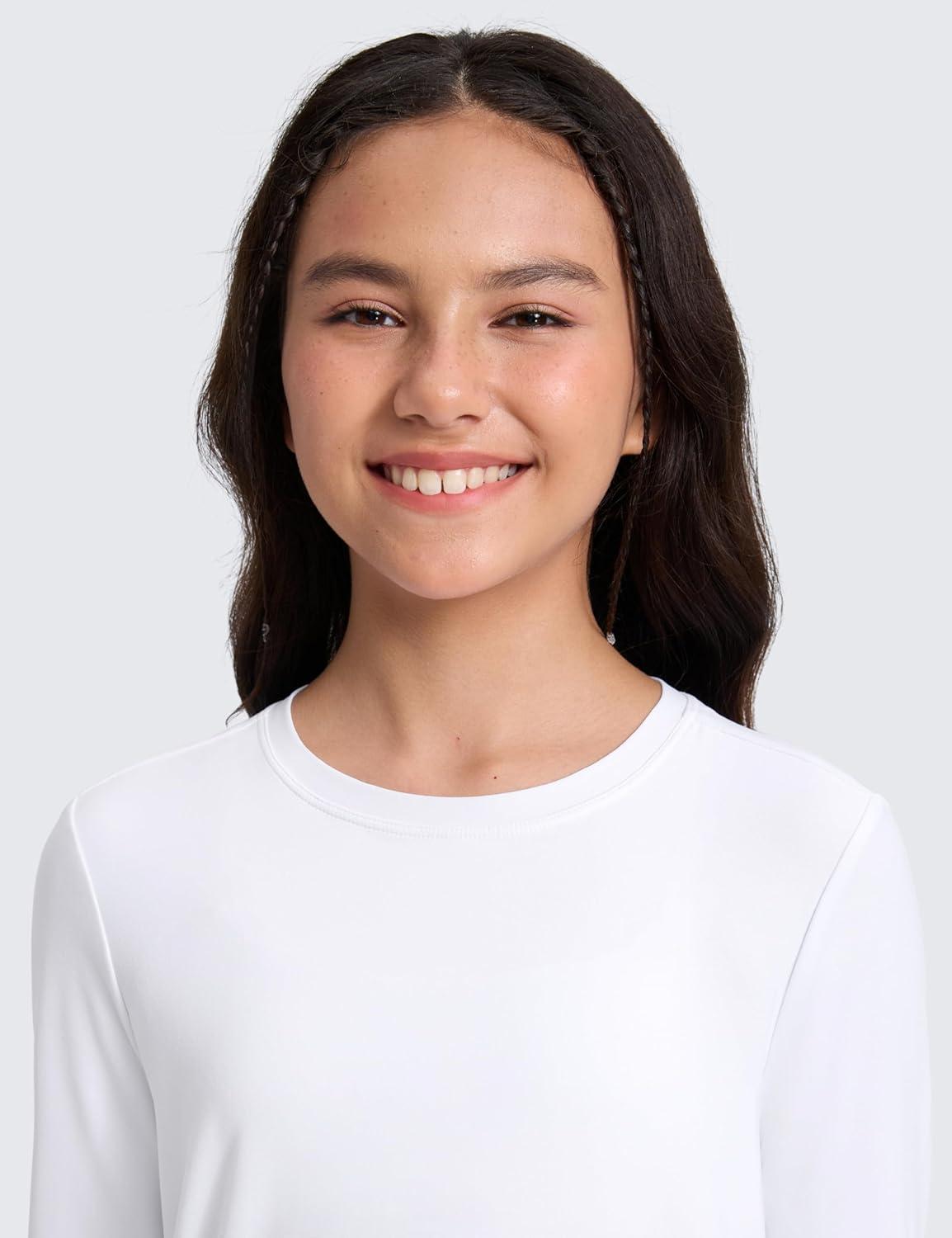 imageCRZ YOGA Girls Cloudweight Long Sleeve Athletic Shirts Active Sports Casual Tees Crew Neck Side Slit Winter Kids TeenWhite