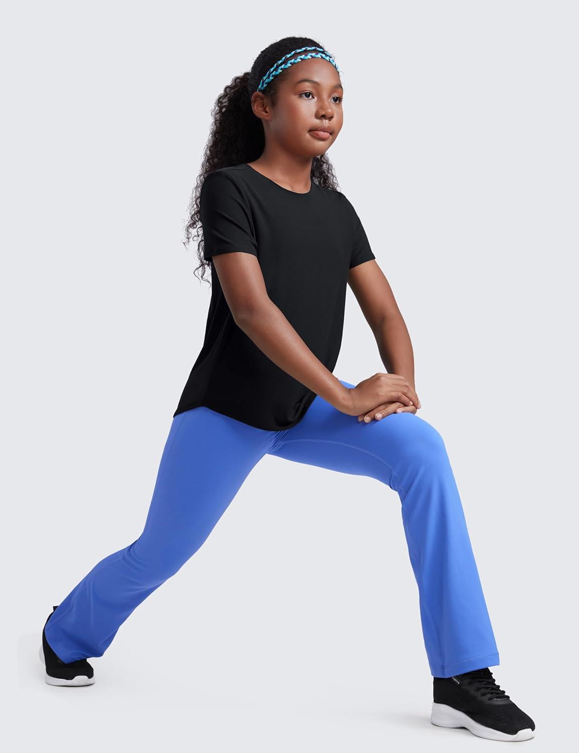 imageCRZ YOGA Girls Cloudweight Short Sleeve Athletic T Shirts Active Sports Casual Tees Crew Neck Side Slit Kids TeenBlack