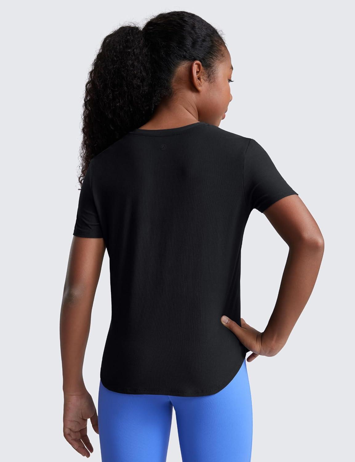 imageCRZ YOGA Girls Cloudweight Short Sleeve Athletic T Shirts Active Sports Casual Tees Crew Neck Side Slit Kids TeenBlack