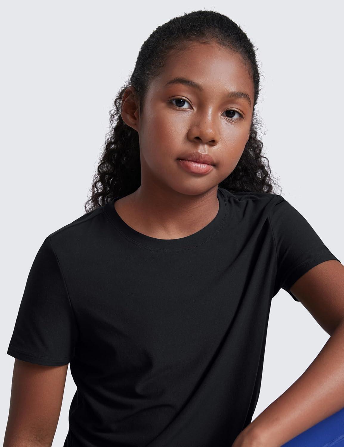 imageCRZ YOGA Girls Cloudweight Short Sleeve Athletic T Shirts Active Sports Casual Tees Crew Neck Side Slit Kids TeenBlack