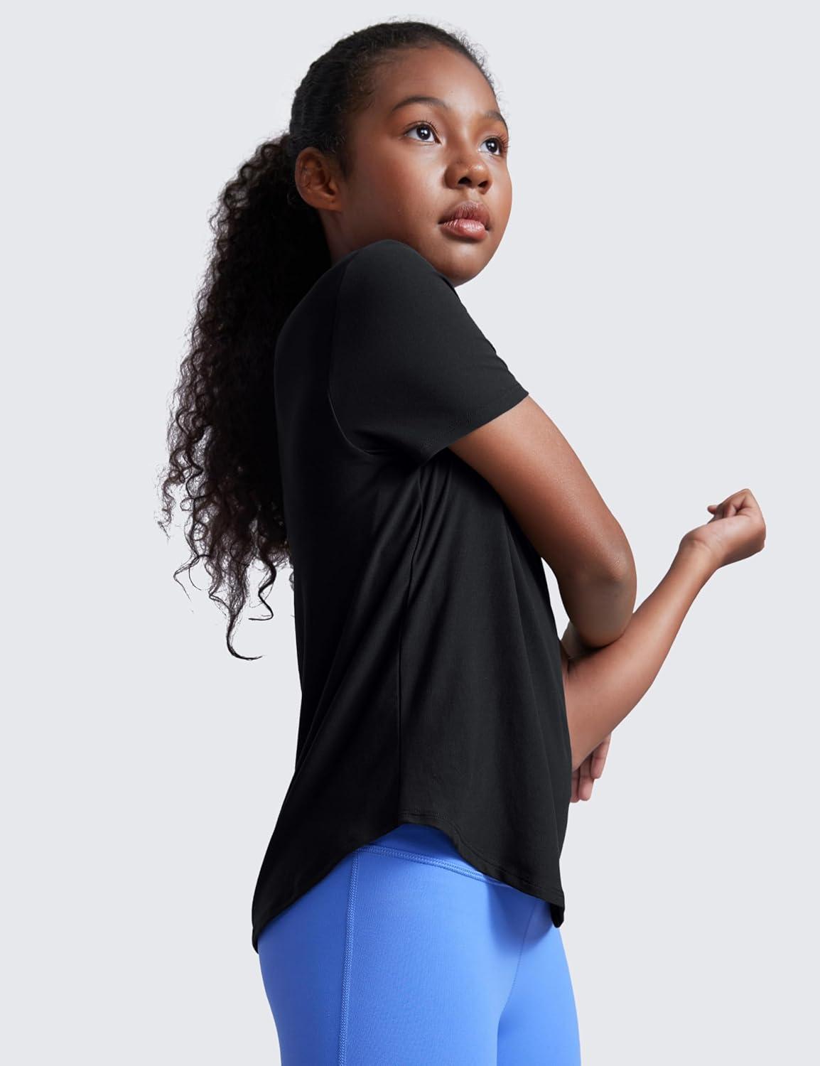 imageCRZ YOGA Girls Cloudweight Short Sleeve Athletic T Shirts Active Sports Casual Tees Crew Neck Side Slit Kids TeenBlack