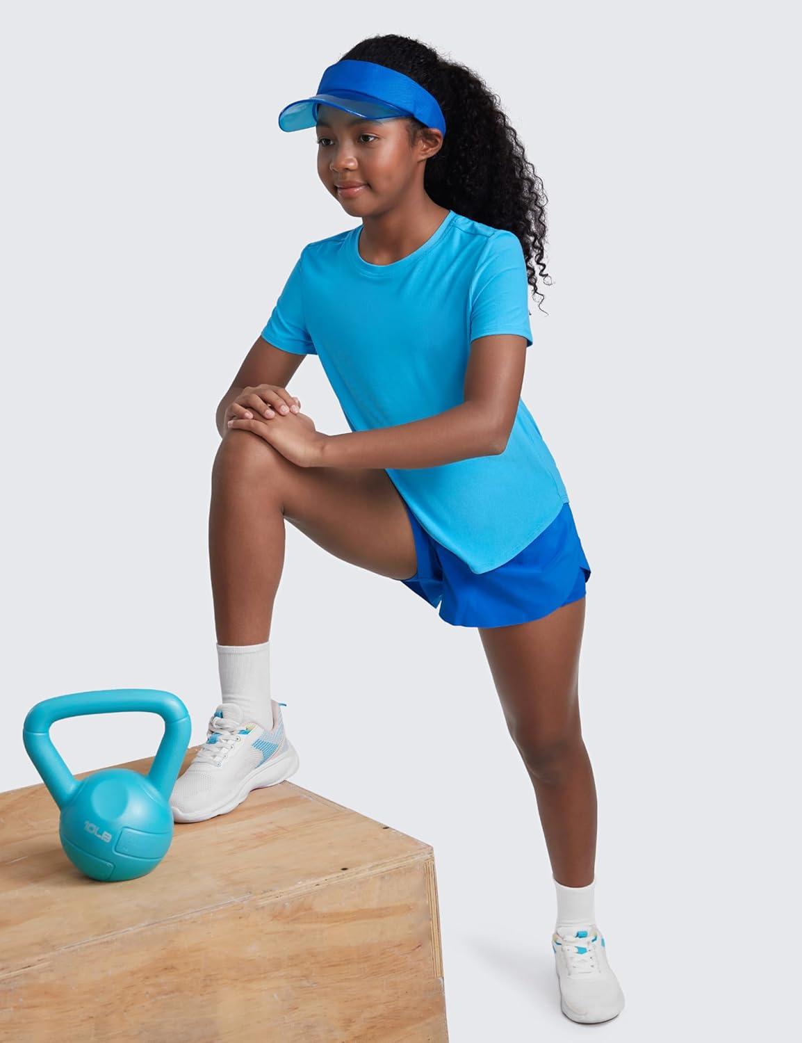 imageCRZ YOGA Girls Cloudweight Short Sleeve Athletic T Shirts Active Sports Casual Tees Crew Neck Side Slit Kids TeenKayak Blue