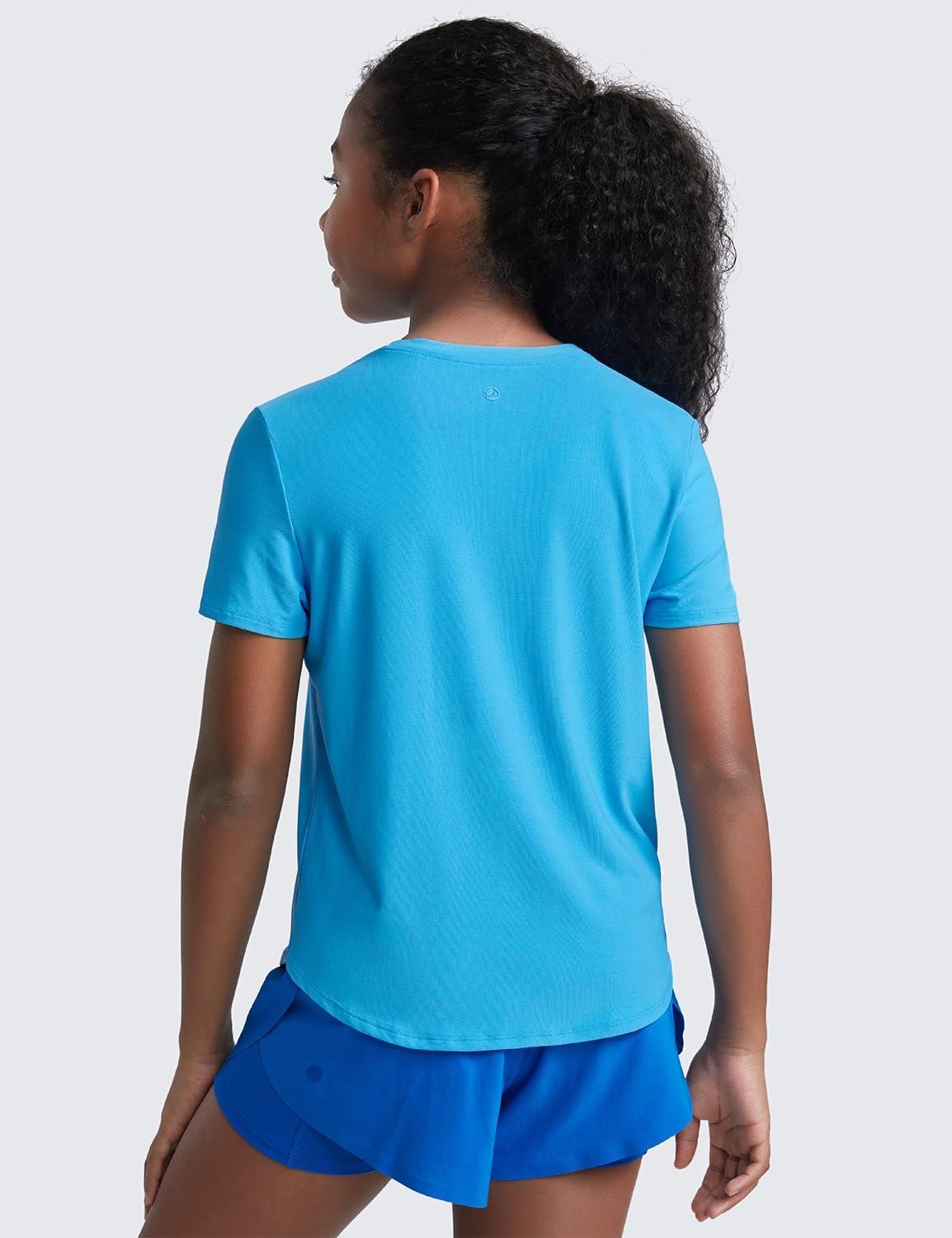 imageCRZ YOGA Girls Cloudweight Short Sleeve Athletic T Shirts Active Sports Casual Tees Crew Neck Side Slit Kids TeenKayak Blue