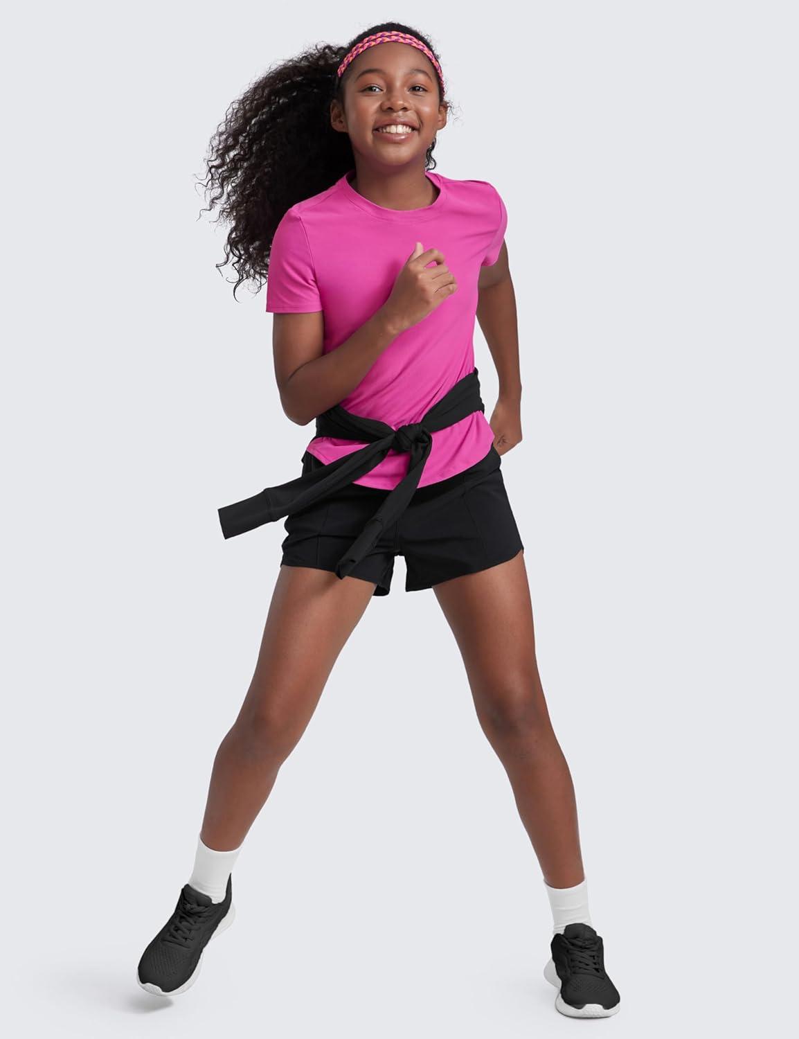 imageCRZ YOGA Girls Cloudweight Short Sleeve Athletic T Shirts Active Sports Casual Tees Crew Neck Side Slit Kids TeenLight Purple